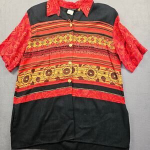 Vintage Boho Shirt Karibo Sunflower Tribal Island Womens XL Rayon Flax Blend